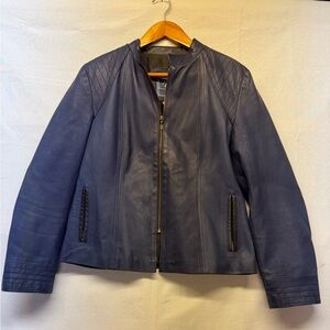 Navy Woman’Leather Jacket with Zipper Details Vintage American Leather size xxl
